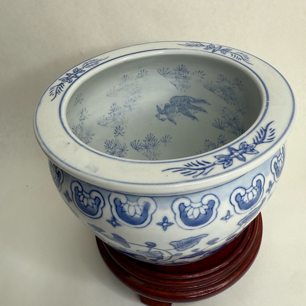 VTG Chinese Jardiniere Oriental Art Deco Koi and floral design Porcelain Planter